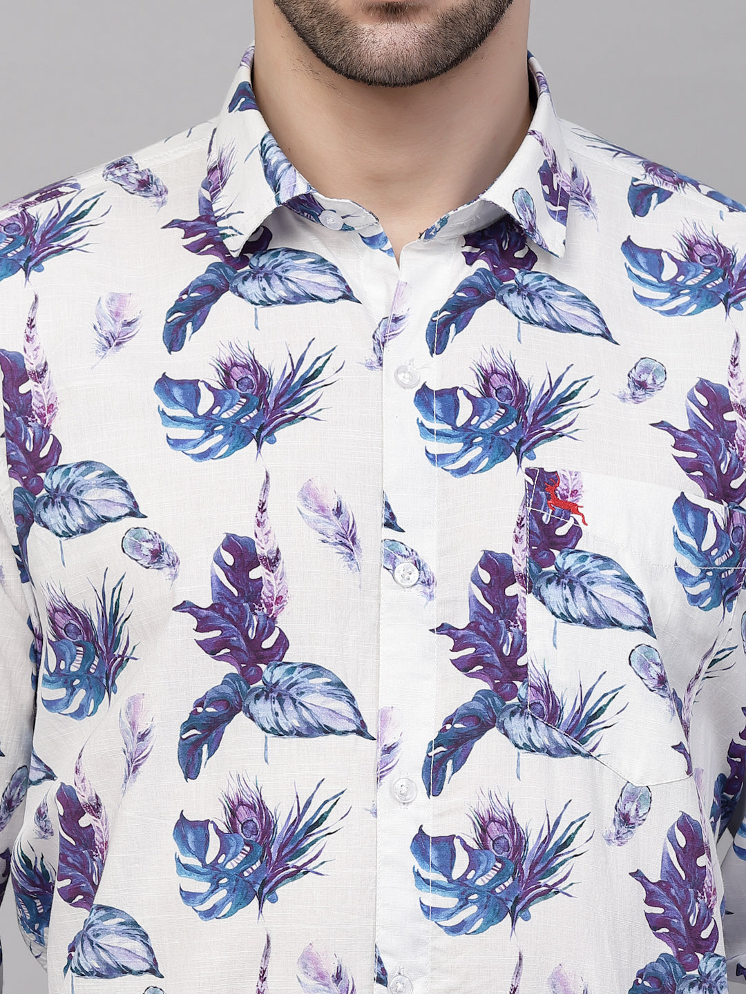 Valbone Men’s Digital Print White & Blue Leaf Printed Regular Fit Casual Shirt Full Sleeves