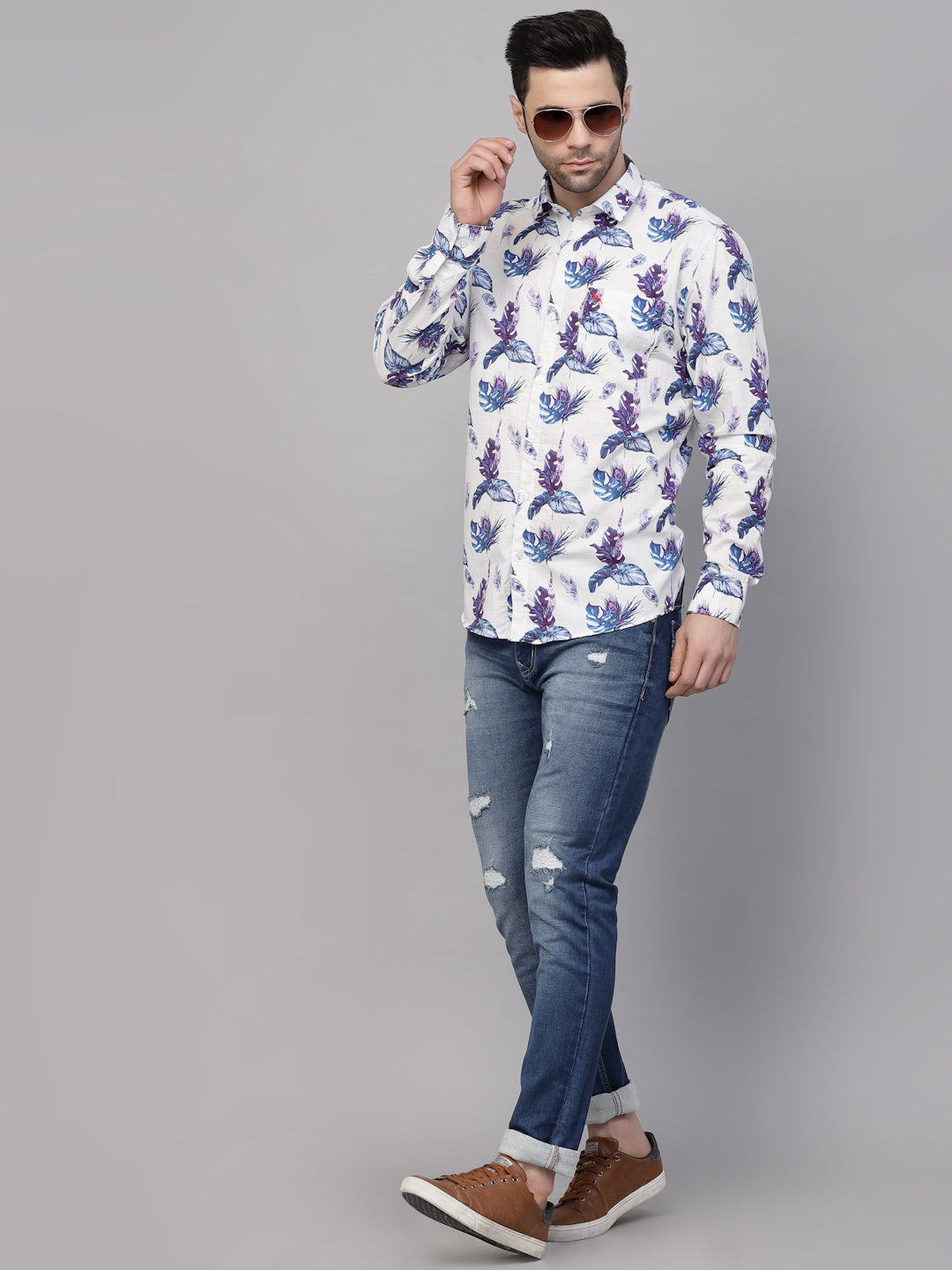 Valbone Men’s Digital Print White & Blue Leaf Printed Regular Fit Casual Shirt Full Sleeves