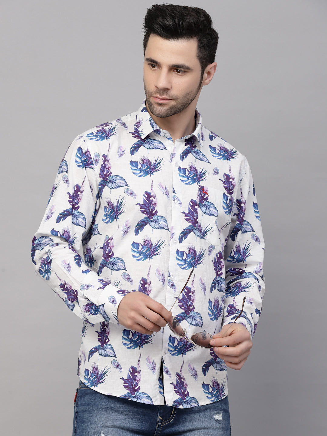 Valbone Men’s Digital Print White & Blue Leaf Printed Regular Fit Casual Shirt Full Sleeves