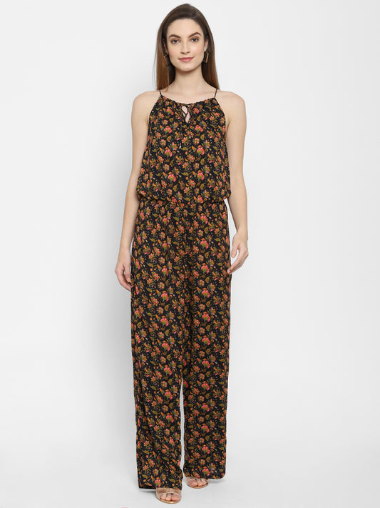 Valbone Women’s Black & Peach Viscose Floral Printed Tie Pattern Jumpsuit Sleeveless