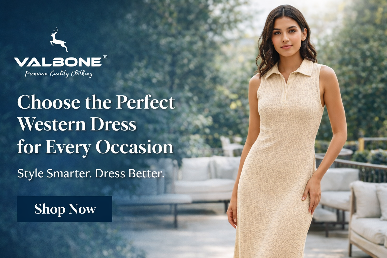 Woman wearing a beige sleeveless midi dress showcasing the best western dresses for women in a modern outdoor setting