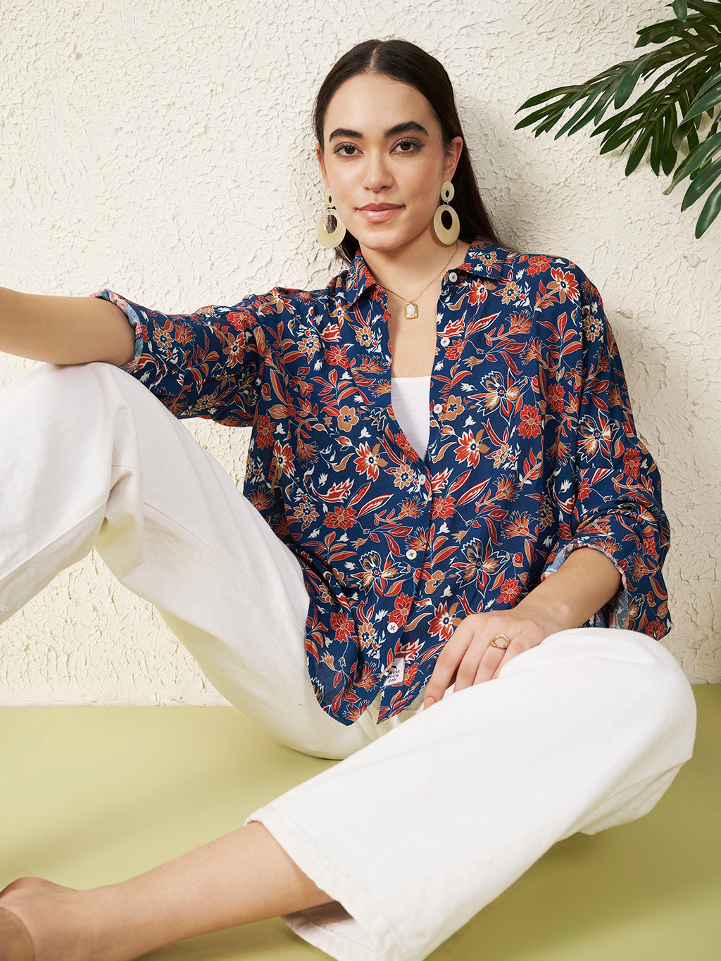 Navy Blue Floral Print Shirt