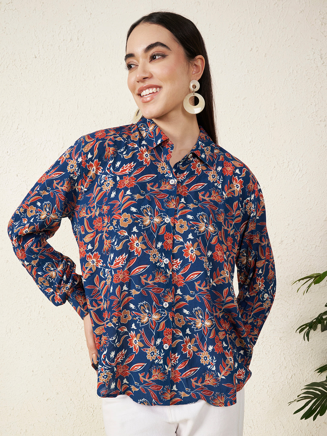 Navy Blue Floral Print Shirt