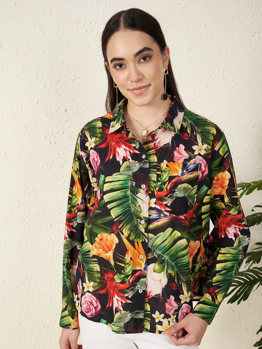 Women’s Black Tropical Floral Print Shirt