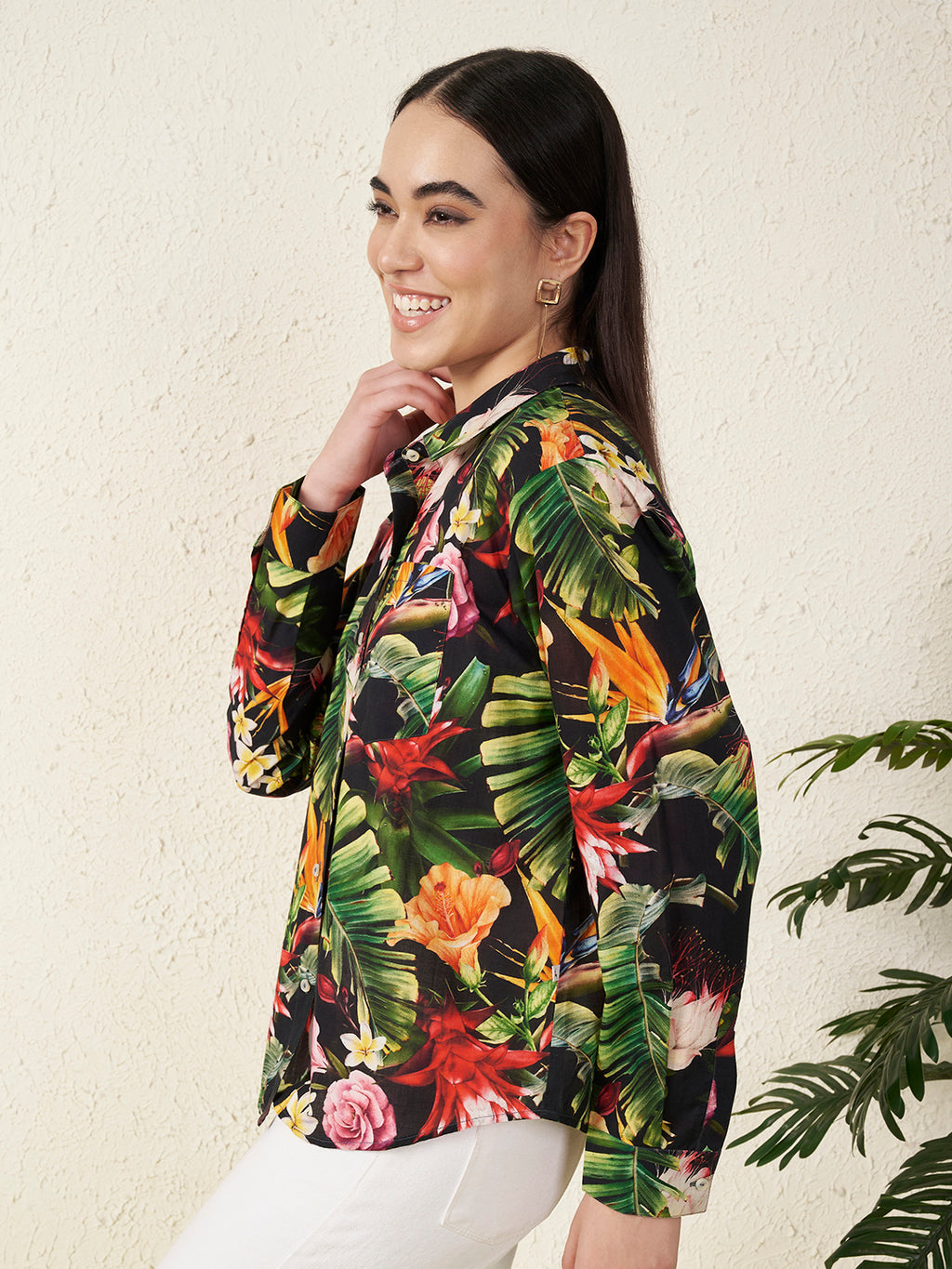 Women’s Black Tropical Floral Print Shirt