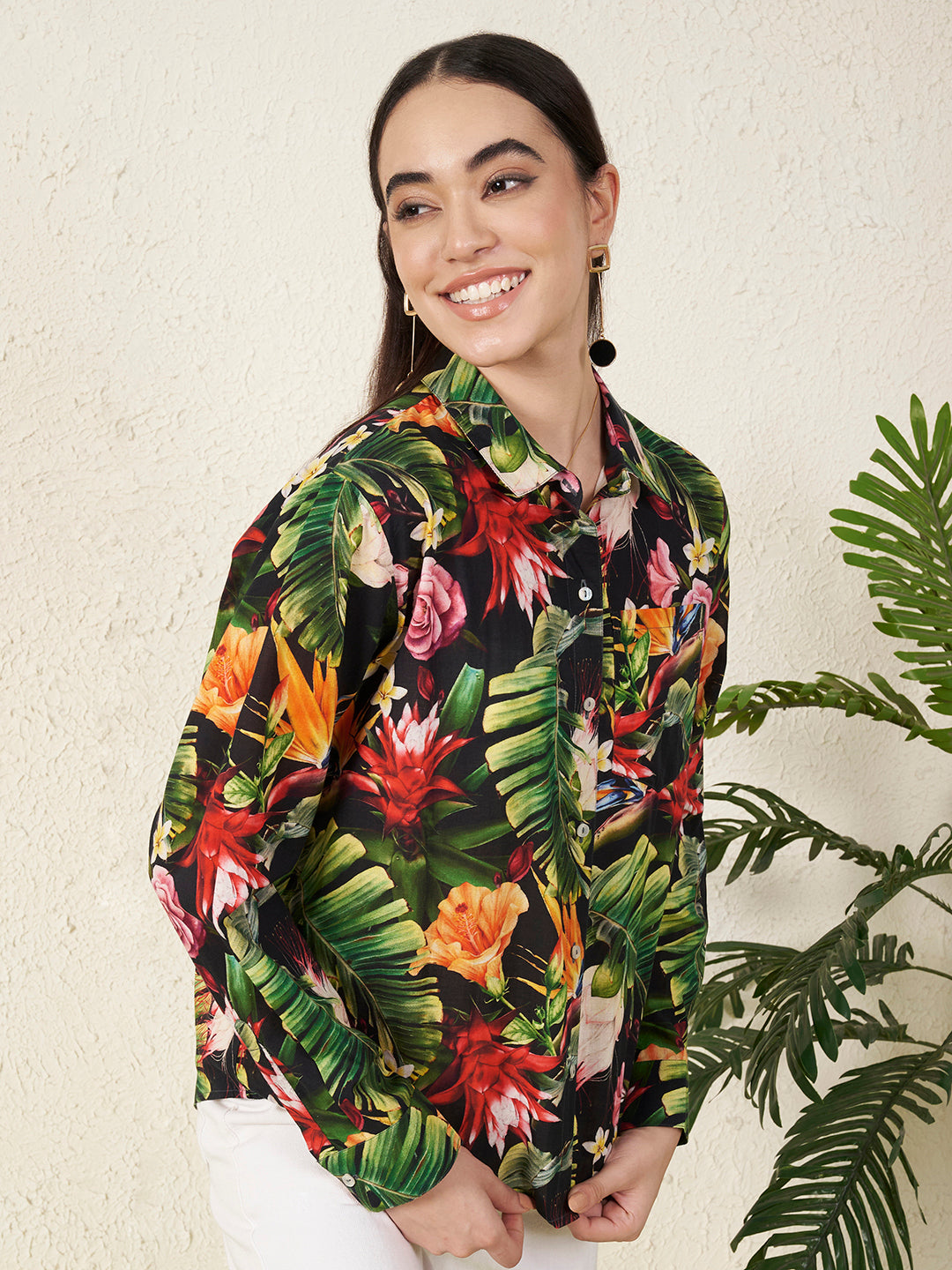 Women’s Black Tropical Floral Print Shirt