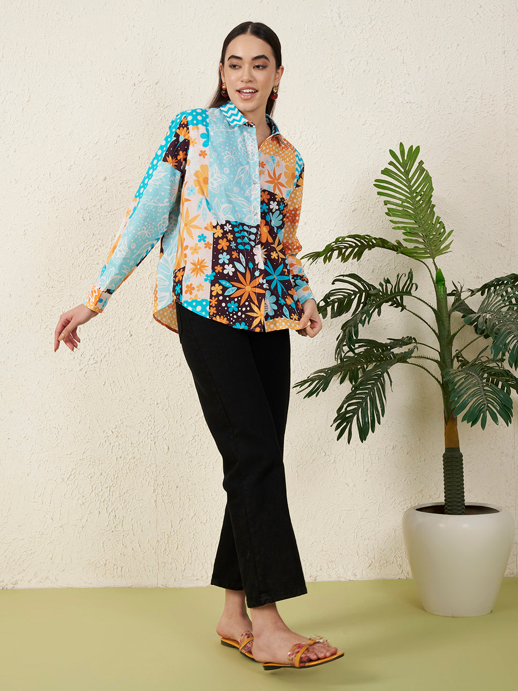 Women Retro Motif Floral Shirt