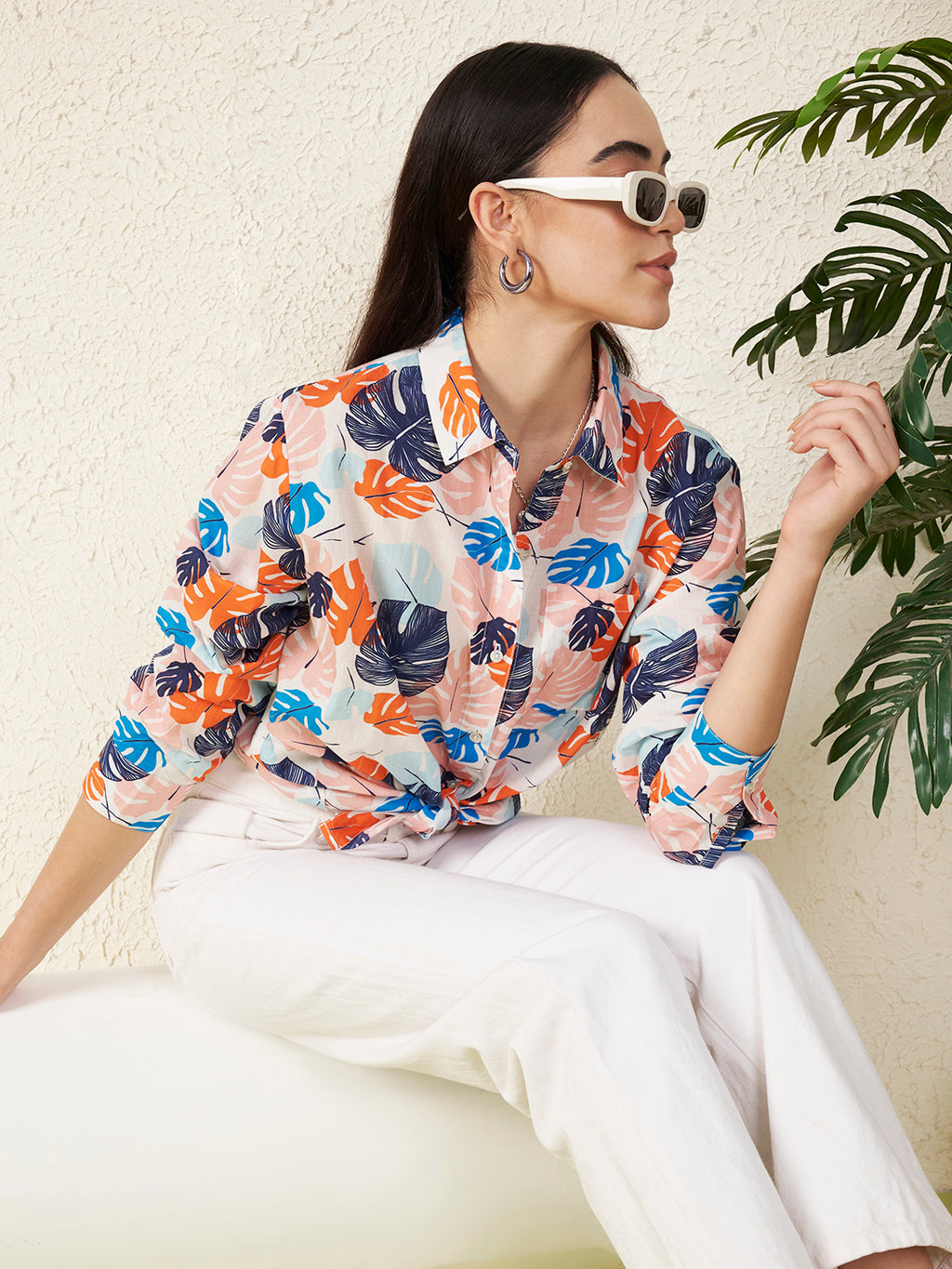 Women Pastel Tropical Leaf Print Shirt