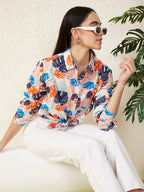 Women Pastel Tropical Leaf Print Shirt