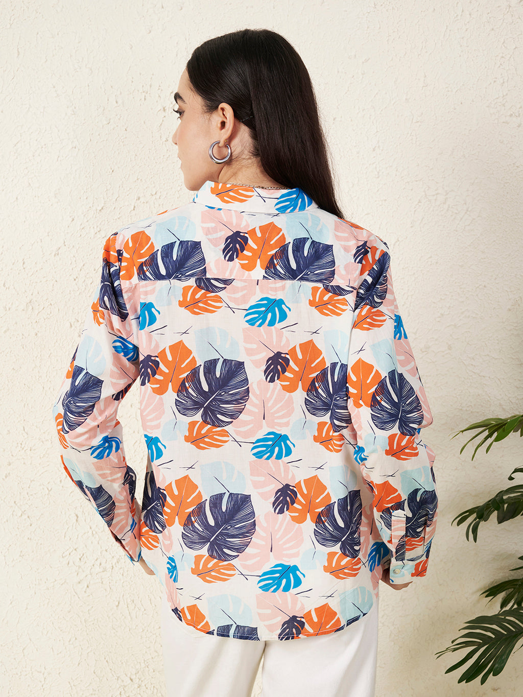 Women Pastel Tropical Leaf Print Shirt