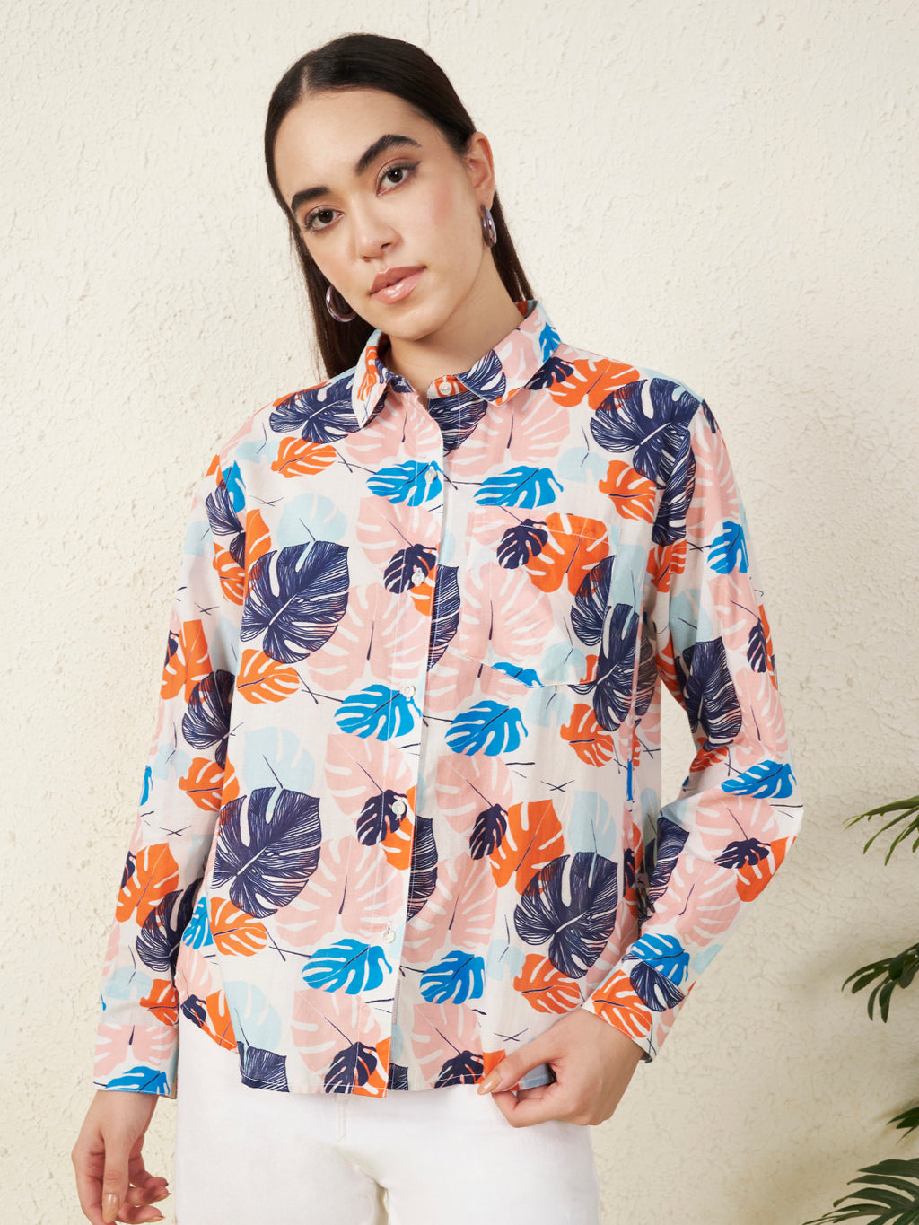 Women Pastel Tropical Leaf Print Shirt