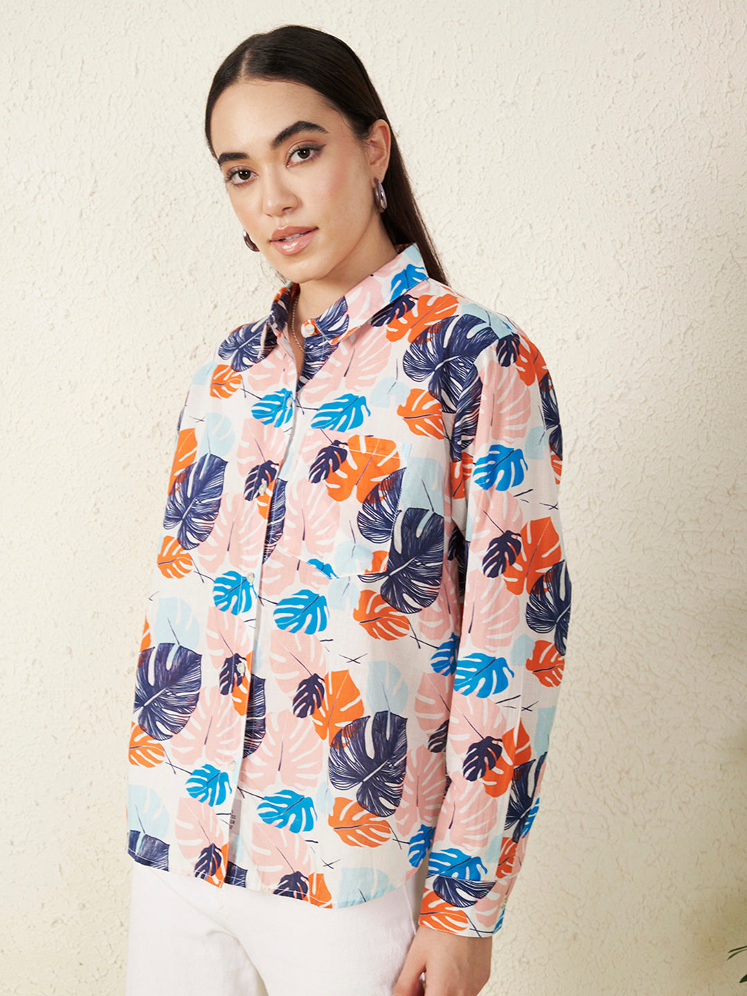 Women Pastel Tropical Leaf Print Shirt