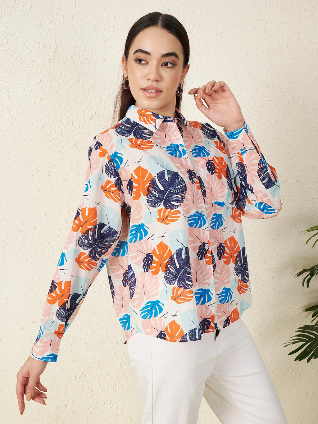 Women Pastel Tropical Leaf Print Shirt