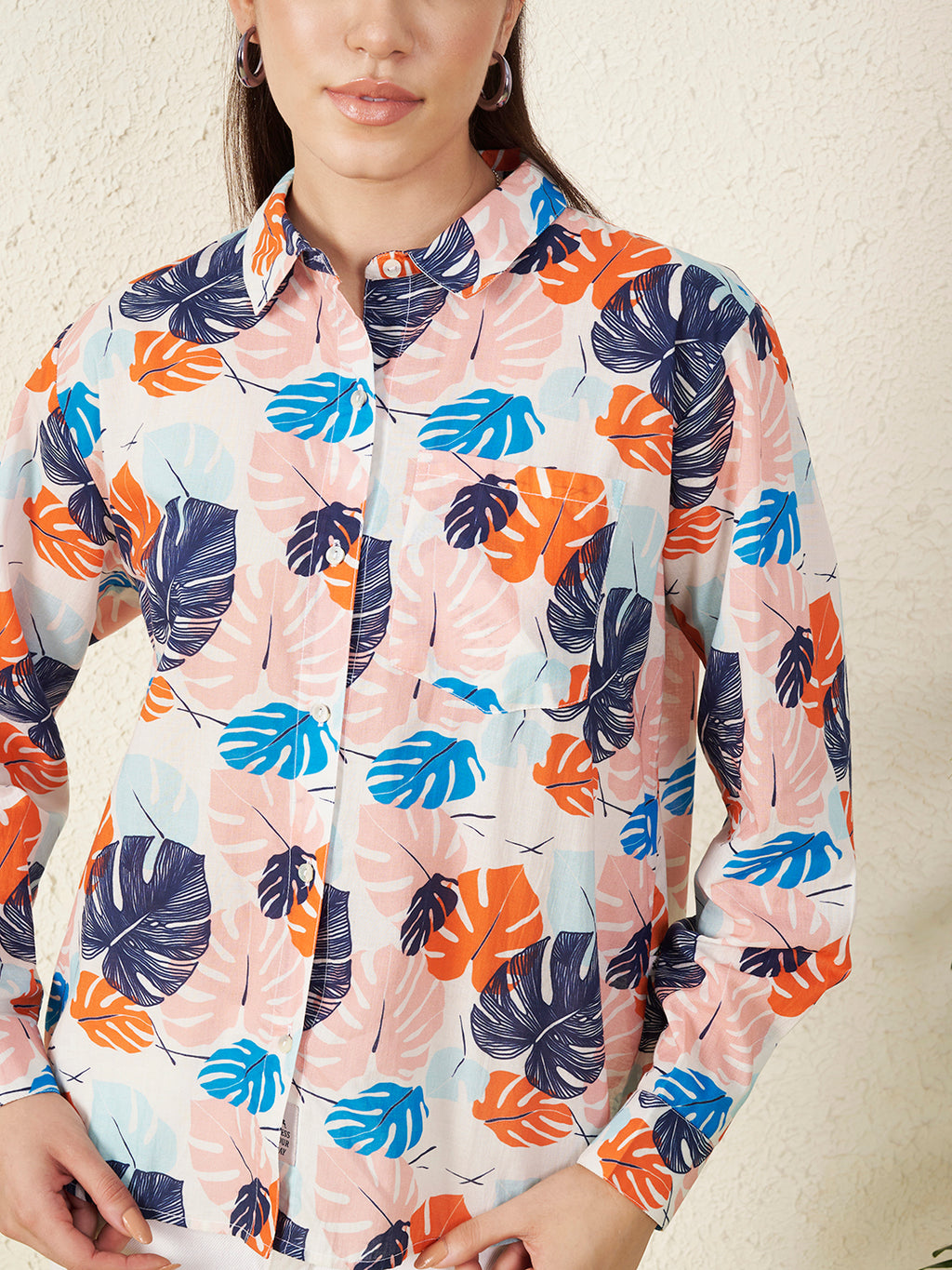 Women Pastel Tropical Leaf Print Shirt