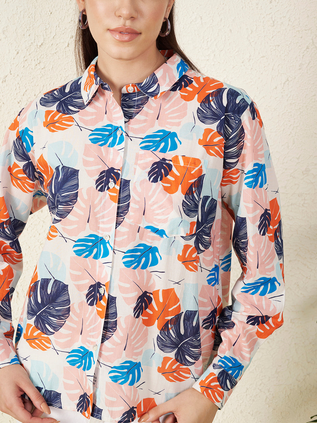 Women Pastel Tropical Leaf Print Shirt