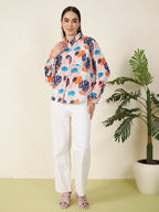 Women Pastel Tropical Leaf Print Shirt