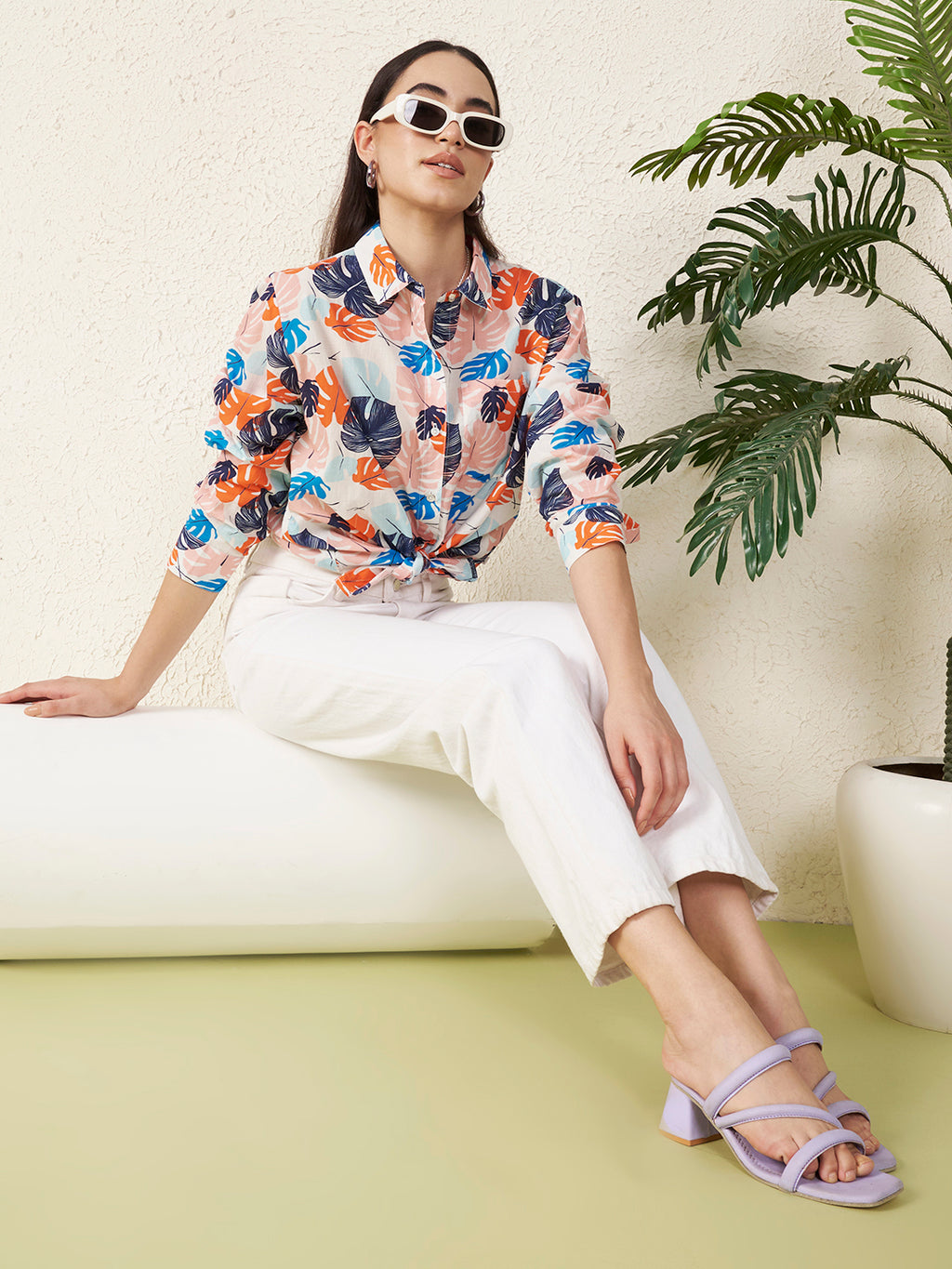 Women Pastel Tropical Leaf Print Shirt