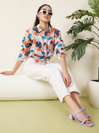 Women Pastel Tropical Leaf Print Shirt