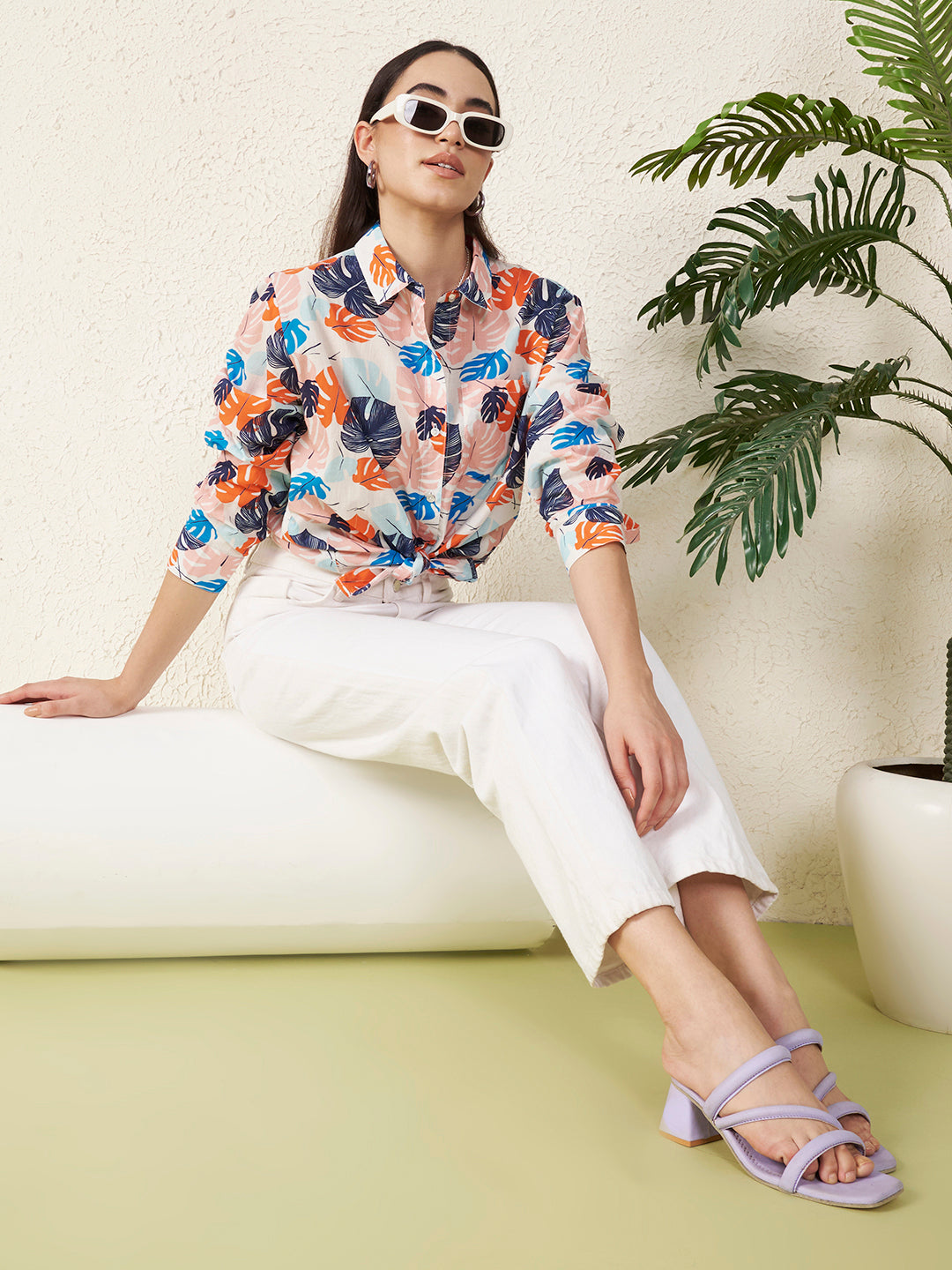 Women Pastel Tropical Leaf Print Shirt