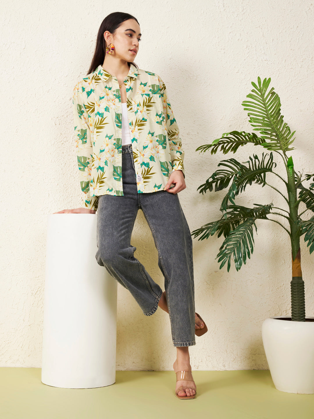 Women Tropical Floral Print Shirt