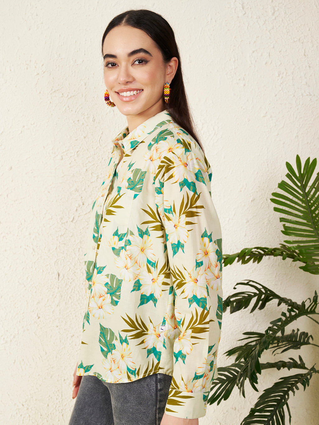 Women Tropical Floral Print Shirt