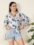 Women Blue Tropical Leaf Print