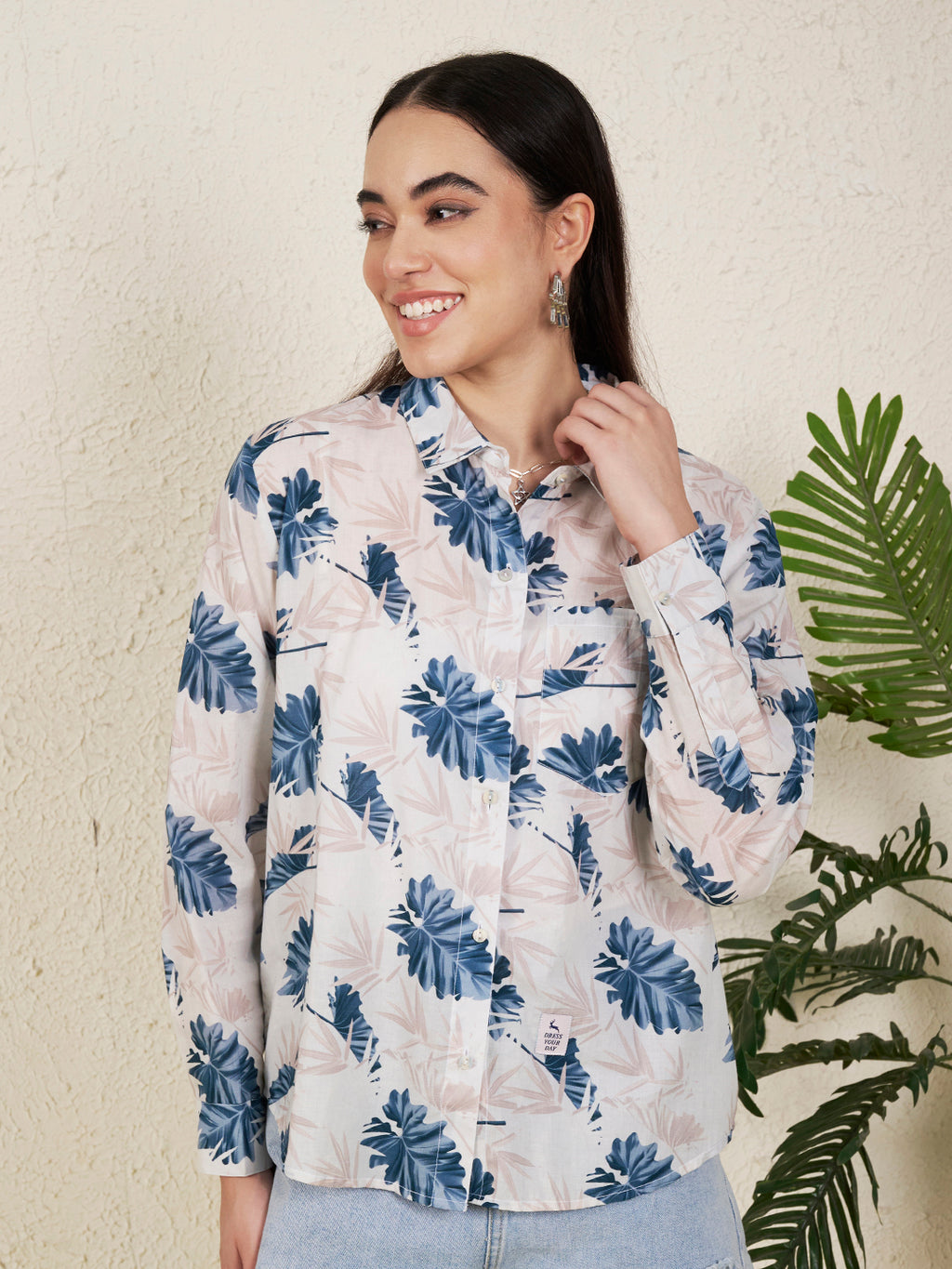 Women Blue Tropical Leaf Print
