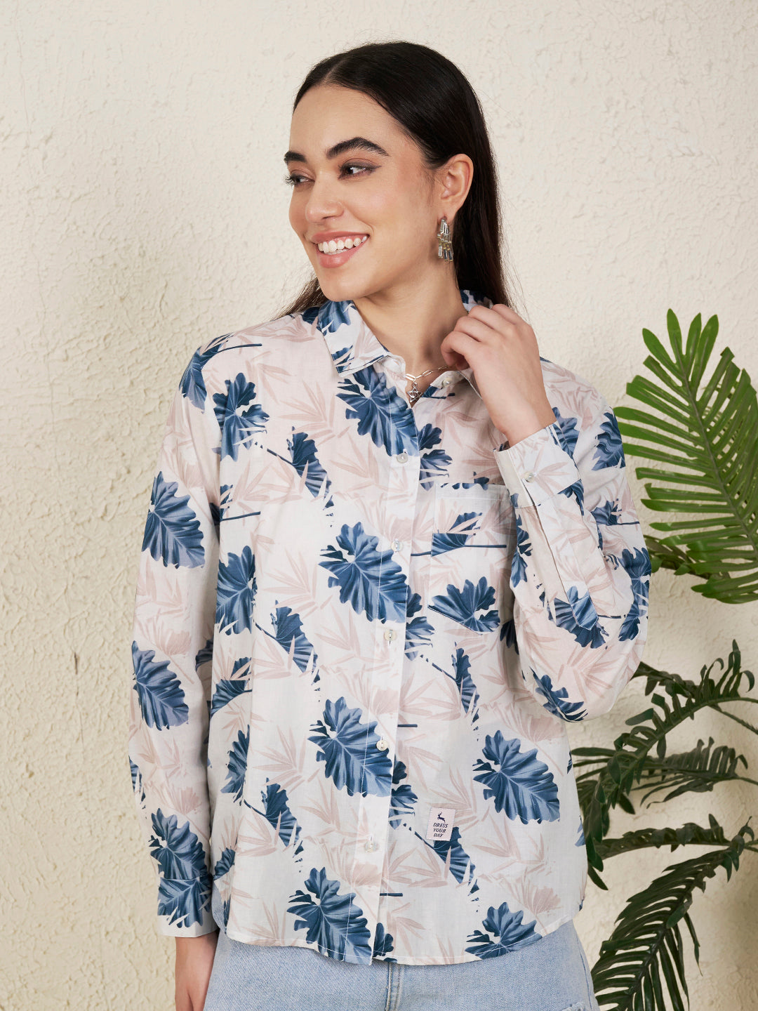 Women Blue Tropical Leaf Print