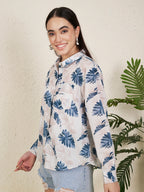 Women Blue Tropical Leaf Print