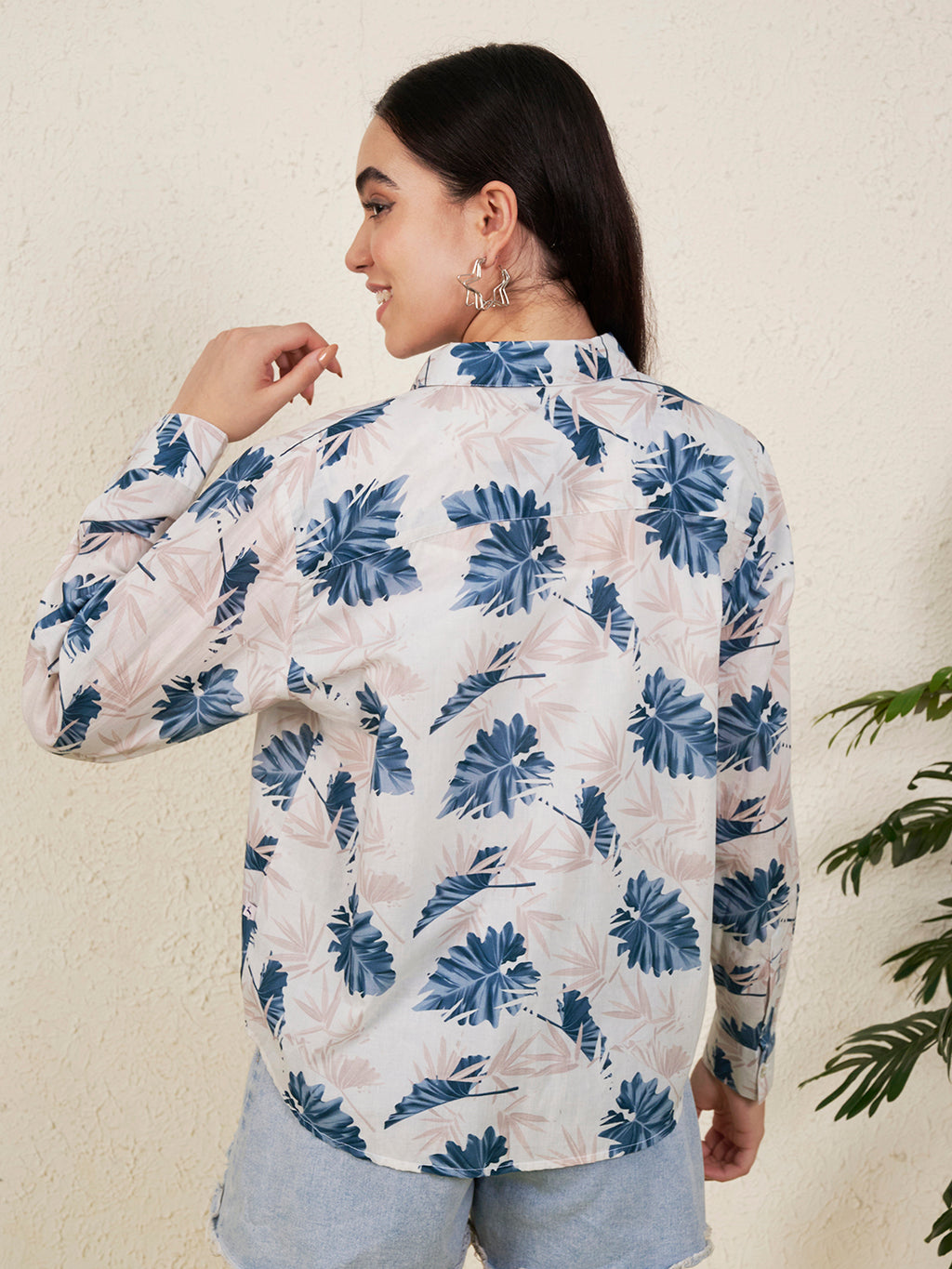 Women Blue Tropical Leaf Print