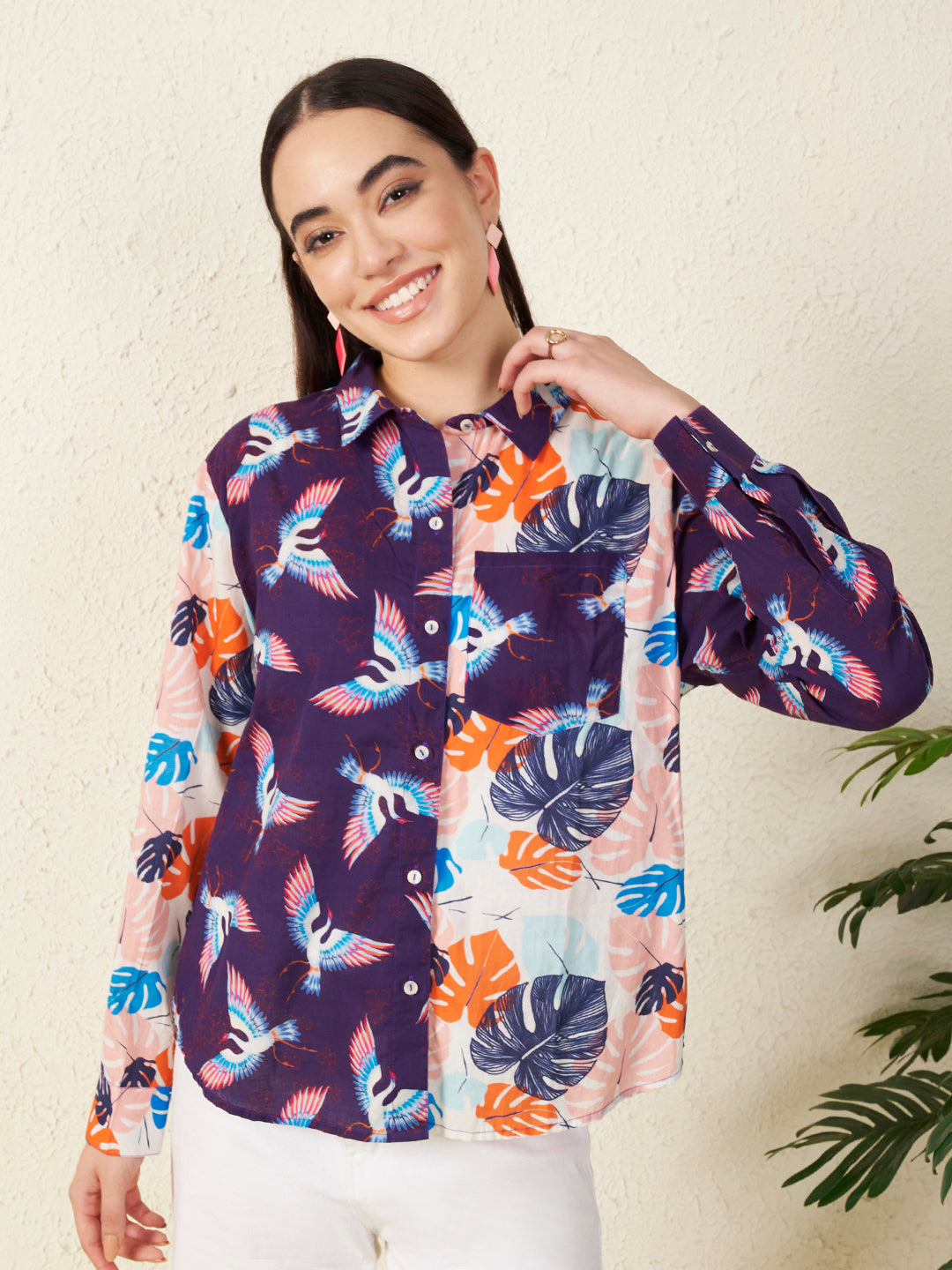 Women’s Multicolor Bird & Leaf Print Shirt