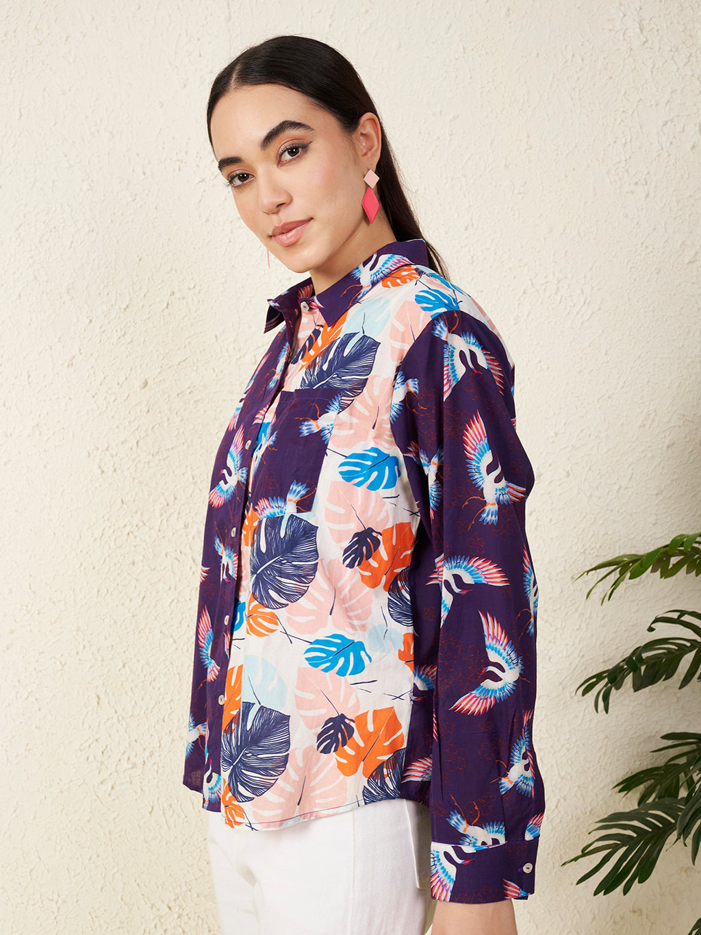 Women’s Multicolor Bird & Leaf Print Shirt