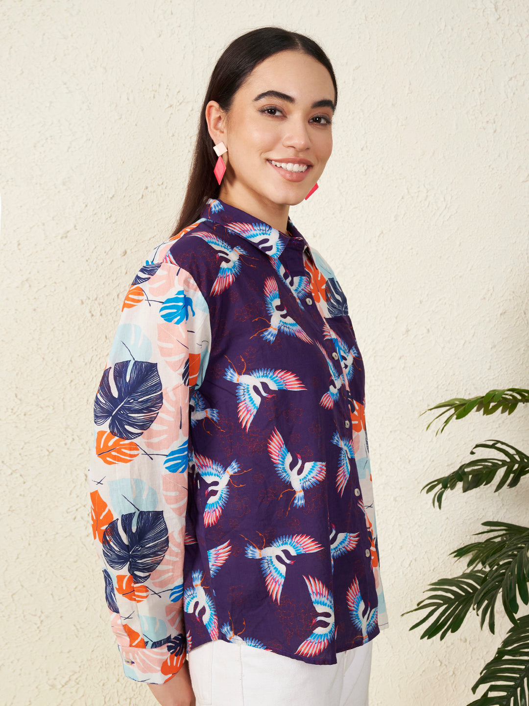 Women’s Multicolor Bird & Leaf Print Shirt