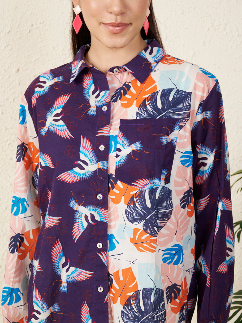Women’s Multicolor Bird & Leaf Print Shirt