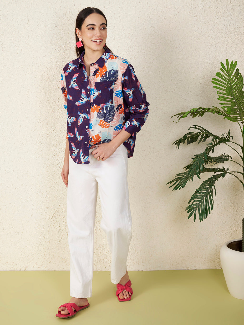 Women’s Multicolor Bird & Leaf Print Shirt