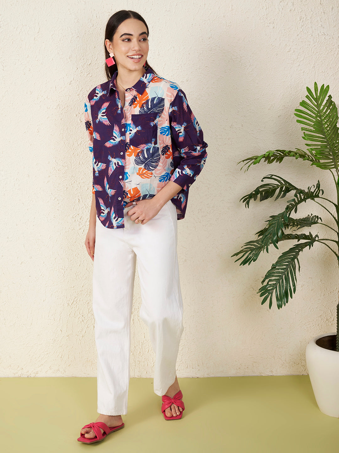 Women’s Multicolor Bird & Leaf Print Shirt