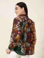 Multicolor Tropical Bird & Abstract Print Shirt