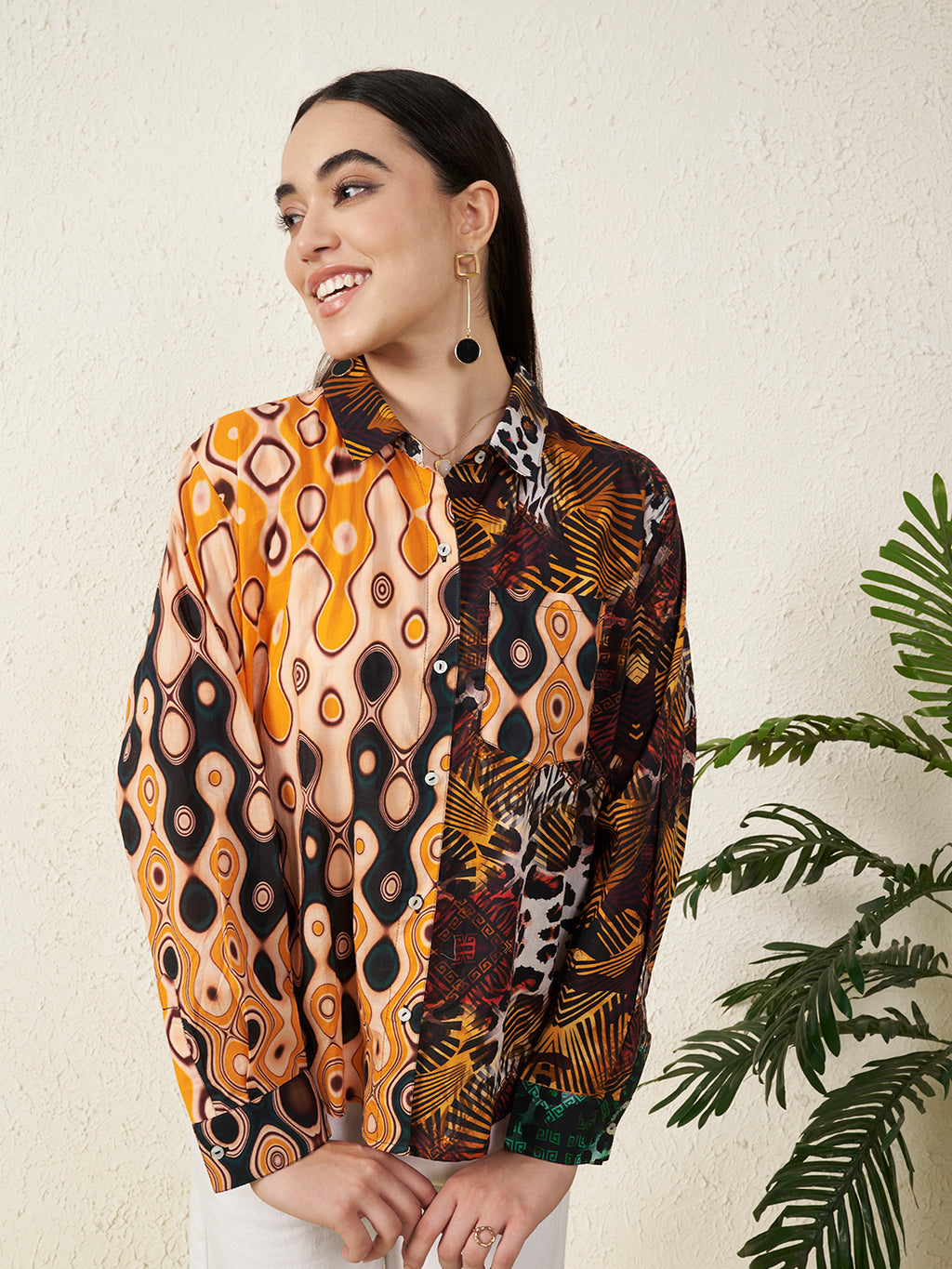 Multicolor Tropical Bird & Abstract Print Shirt