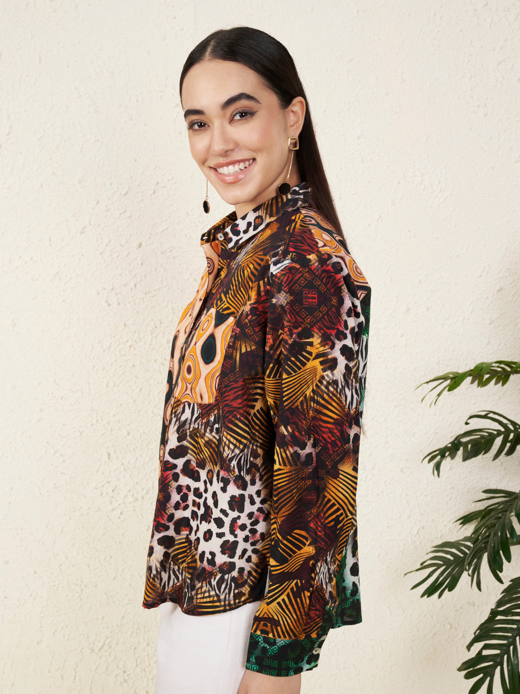 Multicolor Tropical Bird & Abstract Print Shirt