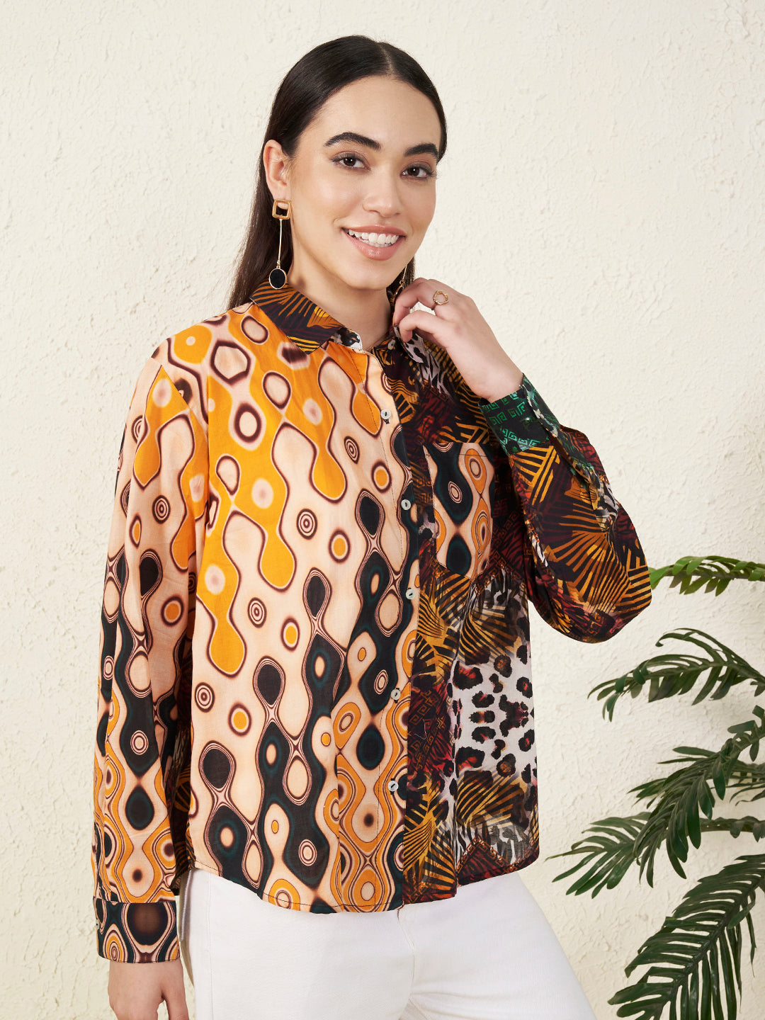 Women’s Multicolor Tropical Bird & Abstract Print Shirt