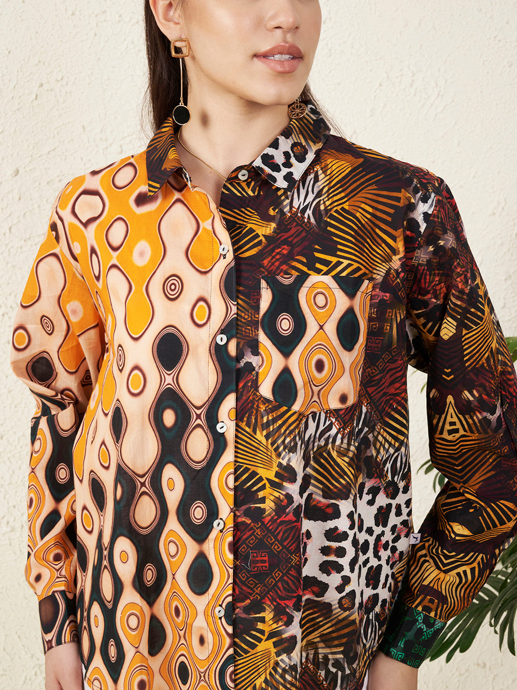 Multicolor Tropical Bird & Abstract Print Shirt