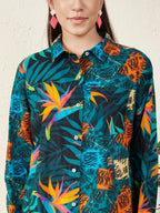 Multicolor Tropical Bird & Abstract Print Shirt