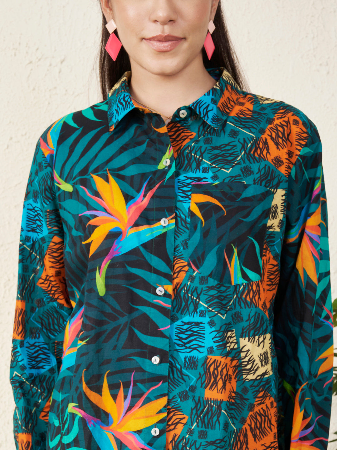 Women’s Multicolor Tropical Bird & Abstract Print Shirt