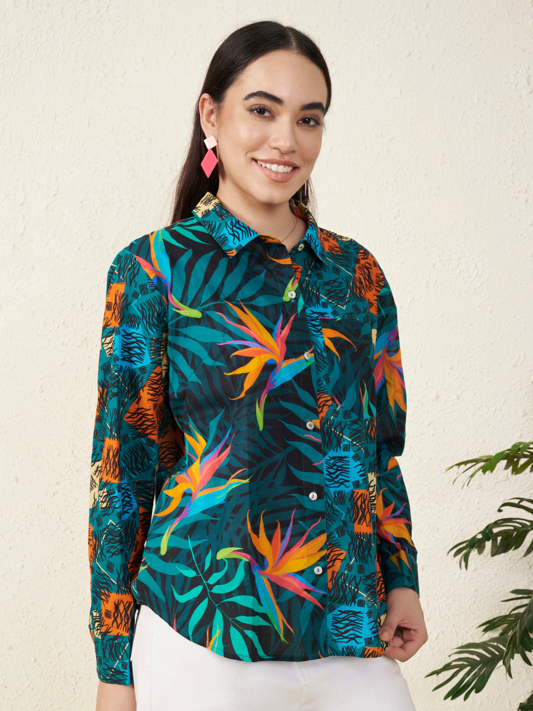Women’s Multicolor Tropical Bird & Abstract Print Shirt