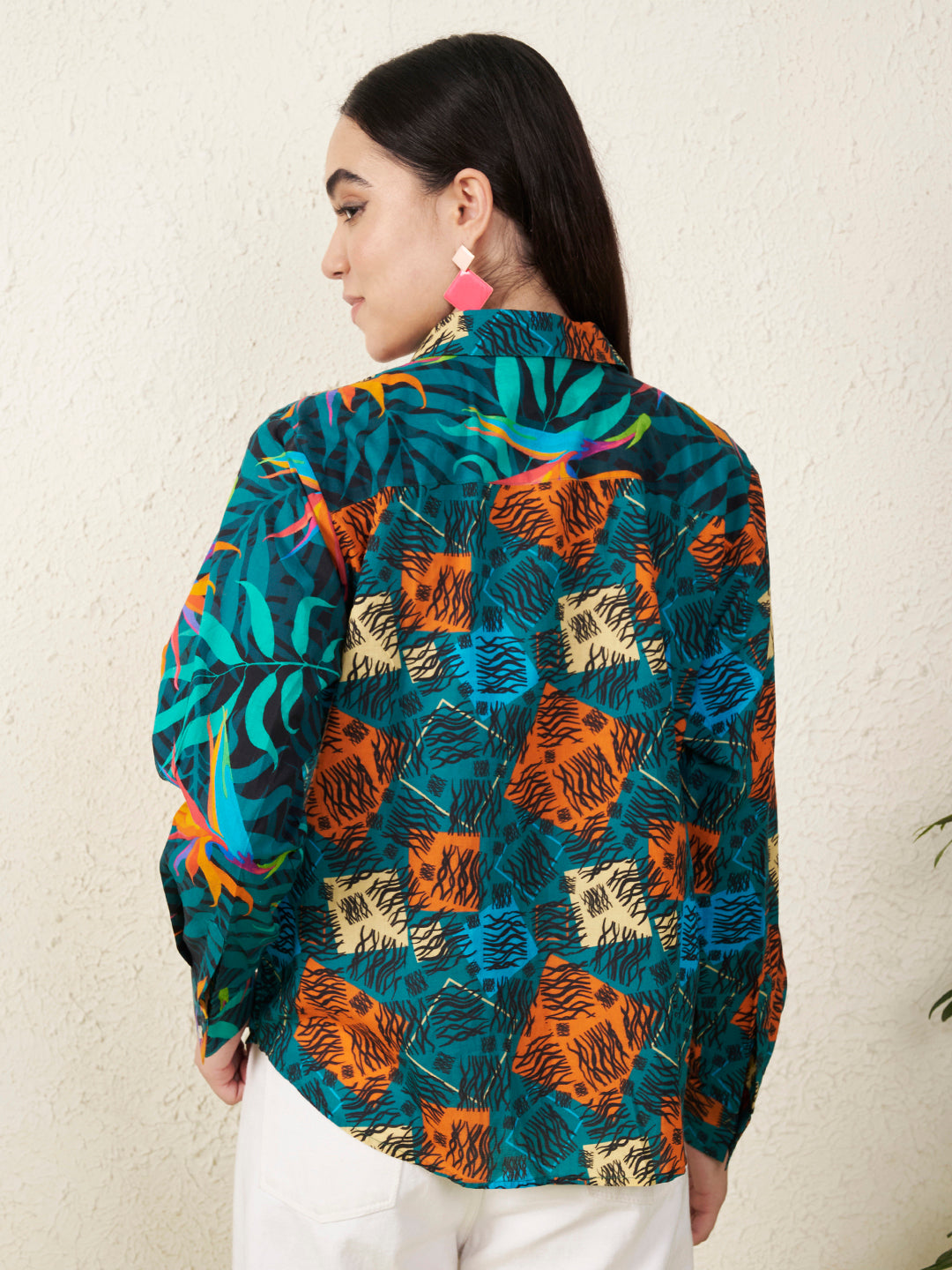 Multicolor Tropical Bird & Abstract Print Shirt