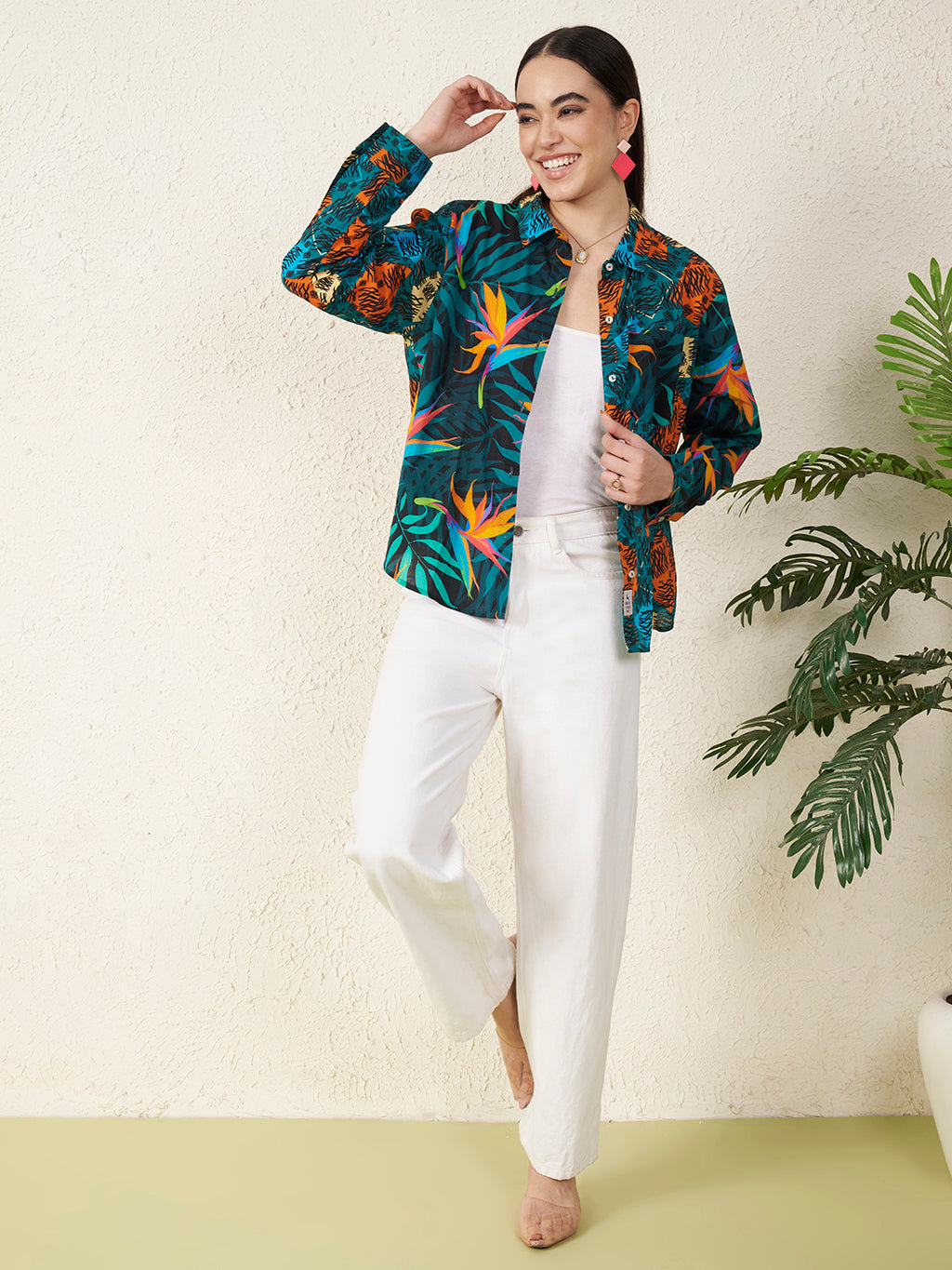 Multicolor Tropical Bird & Abstract Print Shirt