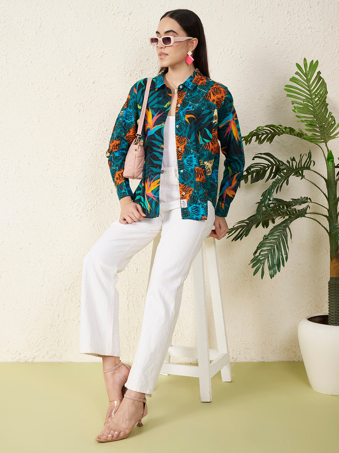 Multicolor Tropical Bird & Abstract Print Shirt