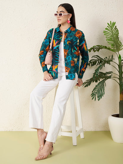 Women’s Multicolor Tropical Bird & Abstract Print Shirt
