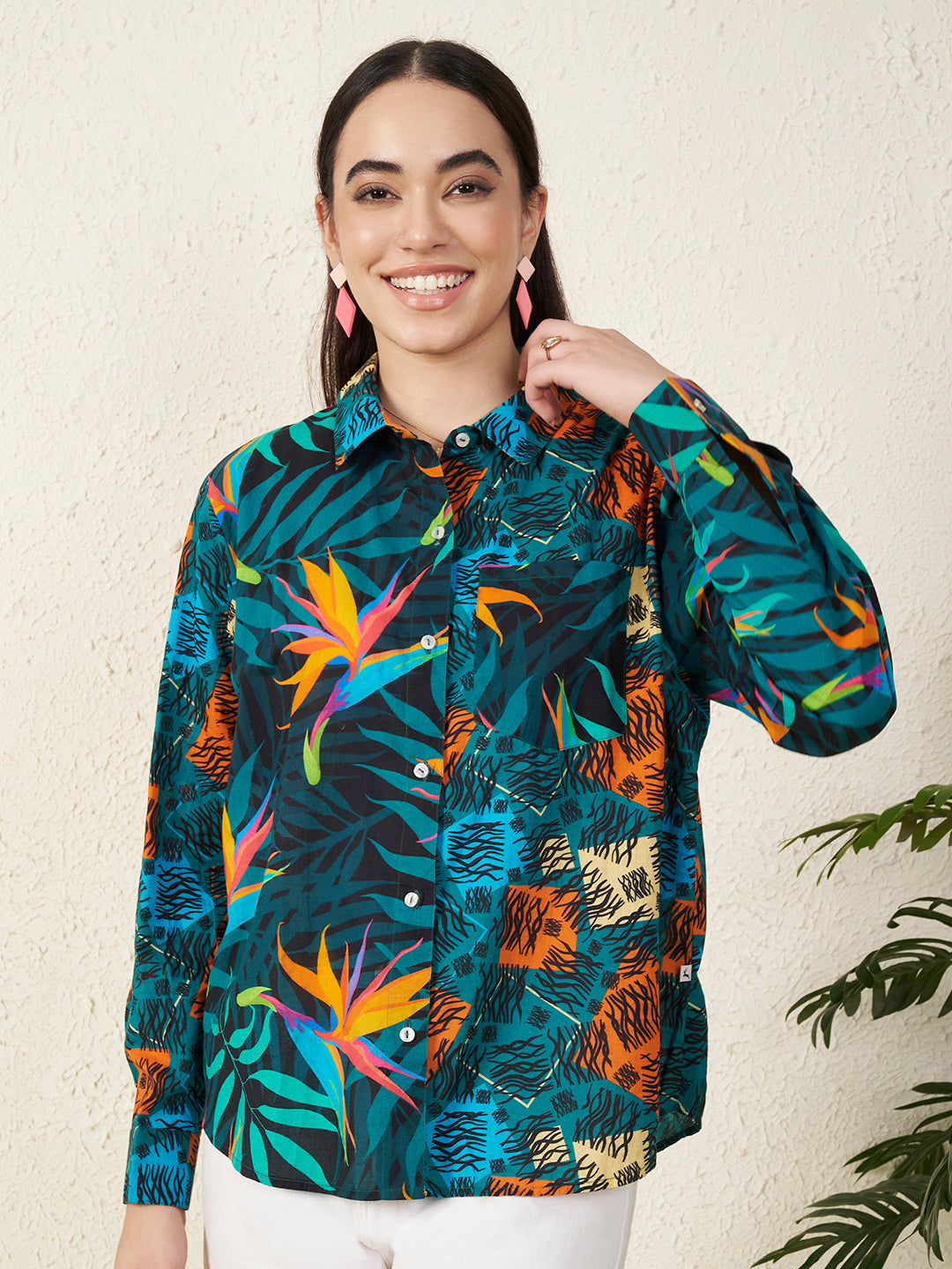 Multicolor Tropical Bird & Abstract Print Shirt