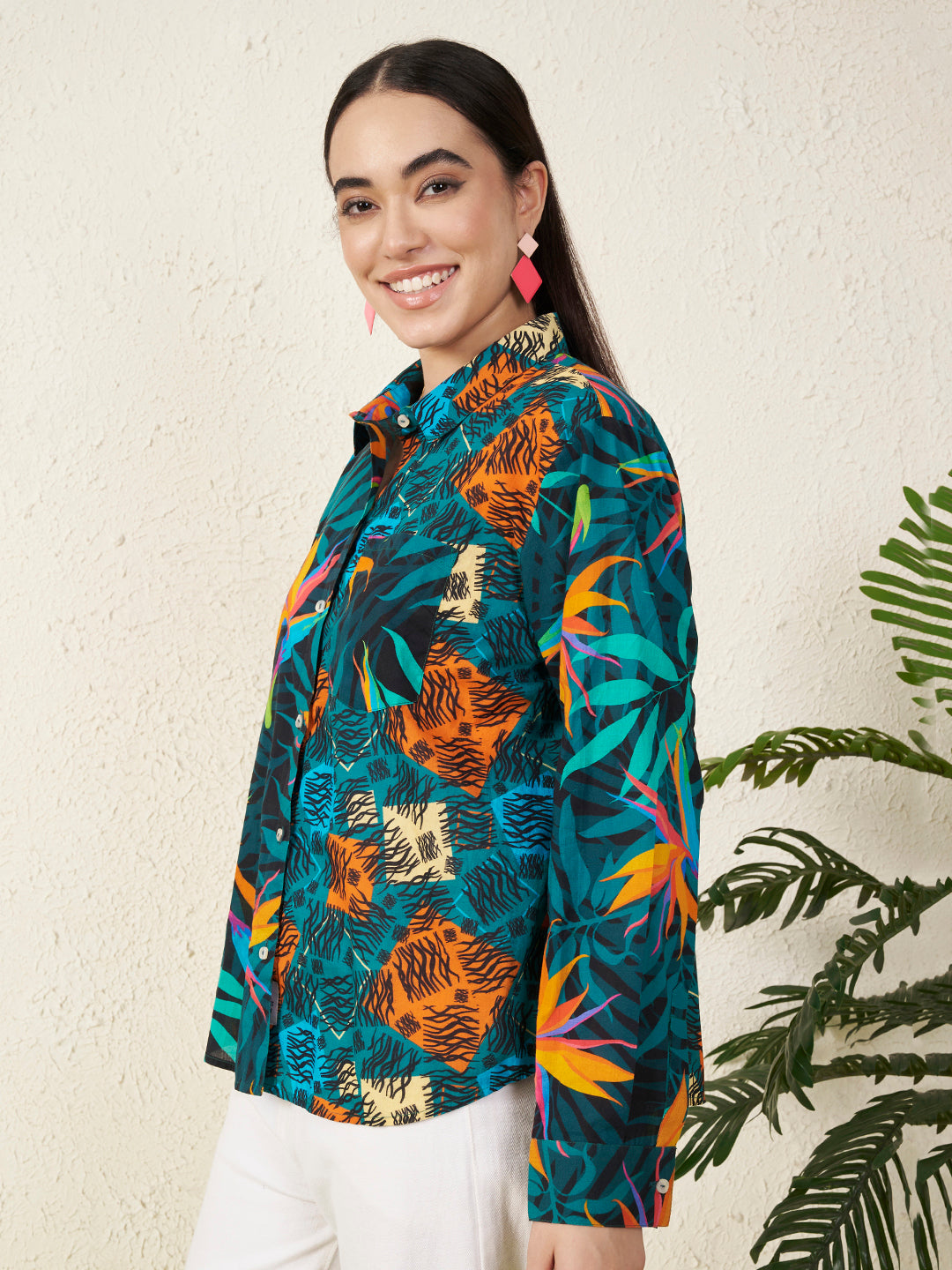 Multicolor Tropical Bird & Abstract Print Shirt